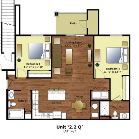 Floor plan for 2 beds, 2 baths, 1031 sqft